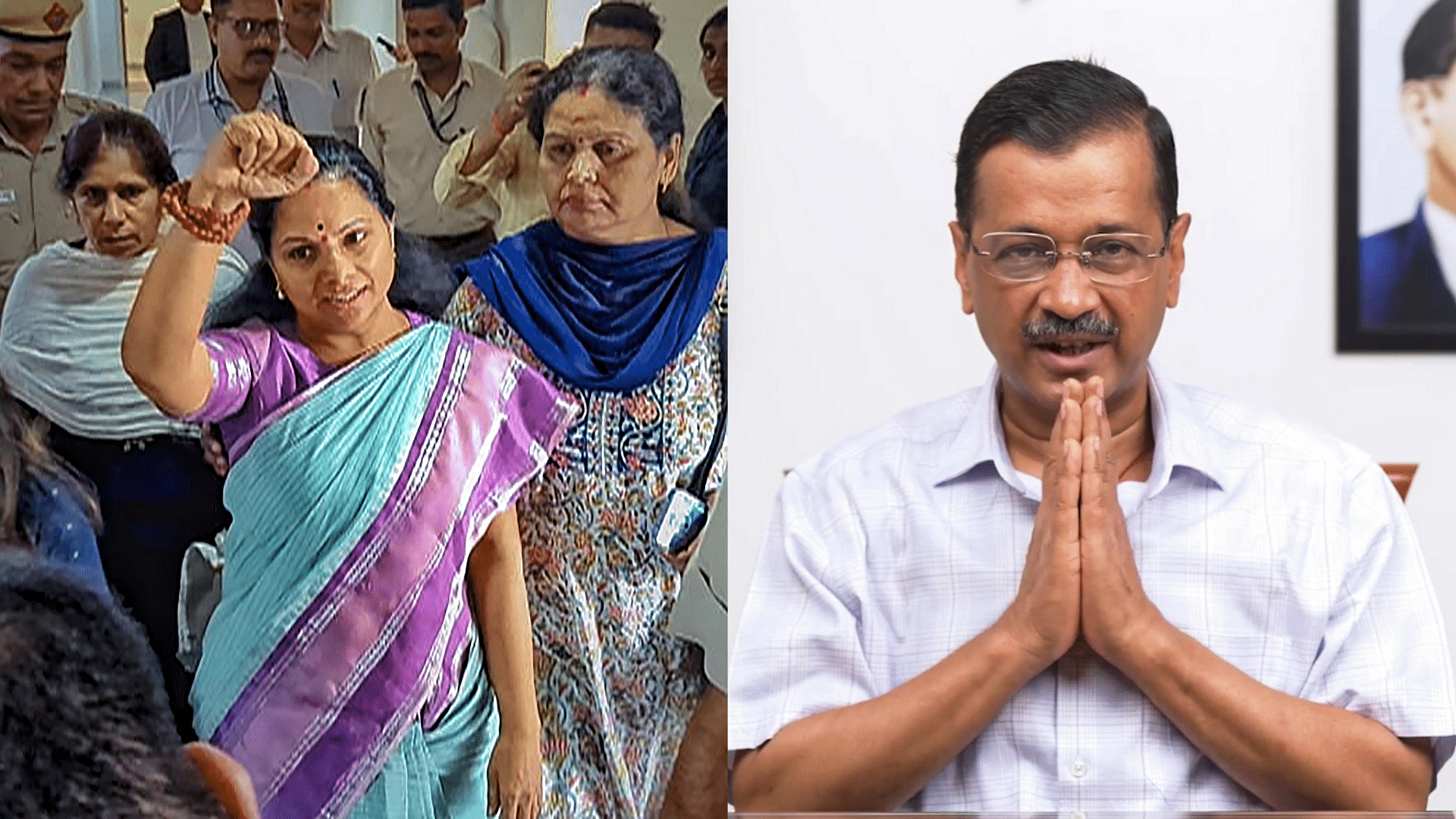 <div class="paragraphs"><p>BRS leader K Kavitha (L) and Delhi Chief Minister Arvind Kejriwal.</p></div>